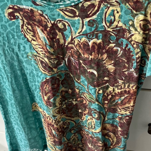 Bay Studio Teal and Brown Floral Short Sleeve Top with a sheer leopard print. - Picture 4 of 6